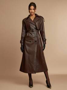 Silquee Women's Coffee Brown Casual Long Sleeve Button Collar Long Trench Coat High Quality Lined Trench Coat Autumn And Winter Women's Halloween Custom Women's Cat Women's Casual Lapel Button PU Coat, Autumn And Winter Imitation Fur Coat, Autumn And Winter Women's Solid Color Winter Fashion PU Coat Jacket Women Christmas, Thanksgiving Suitable For Going Out For Commuting Or Party And Other Occasions,Fall,Brown Jacket - Coffee Brown - View 6