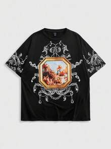 ROMWE MEN Street Life Camiseta Masculina de Manga Curta com Estampa Gráfica Religiosa de Estilo de Rua, Estilo Anos 2000 - Preto - Visão 1