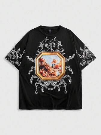 Goth Maglietta a maniche corte da uomo con stampa grafica religiosa, stile anni 2000