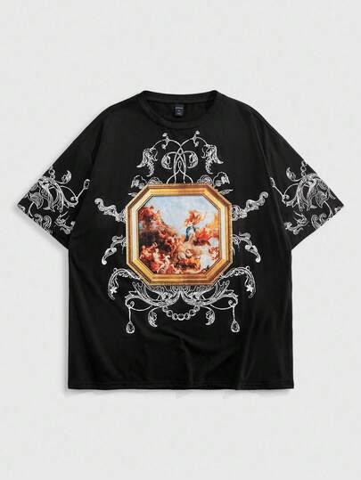 Goth قميص تي شيرت رجالي بأكمام قصيرة مطبوع عليه رسومات دينية بطراز عصر 2000
