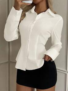 SHEIN EZwear 杏色女士休闲收腰长袖开衫衬衫，适合秋冬季节的时尚女式上衣 - 杏色 - 查看 4