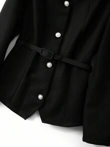 SHEIN Clasi Bộ 2 món áo khoác dài tay ren trắng đính ngọc trai sang trọng màu đen thanh lịch cá tính dành cho nữ cỡ lớn + chân váy xếp ly lưới dài đến đầu gối, mùa thu/đông - màu đen - Xem 4