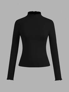 SHEIN EZwear 3 件套女式黑色高领荷叶边修身休闲长袖长 T 恤套装，适合秋冬分层穿着 - 黑色 - 查看 6