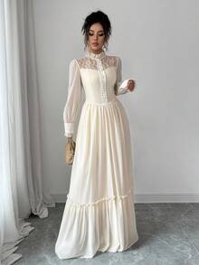 Elenzga Elegante abito romantico con collo alto in pizzo a contrasto, balze sul fondo e vita aderente, decorato con perle casuali - Albicocca - Visualizzare 7
