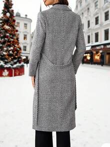 Ellevyn 女士优雅长袖中长款灰色外套，适合秋冬日常穿着，长款格纹/人字纹大衣 - 黑與白 - 查看 5