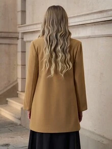 SHEIN Clasi 女士休闲百搭纯色双排扣大衣，秋冬 - 卡其色 - 查看 3