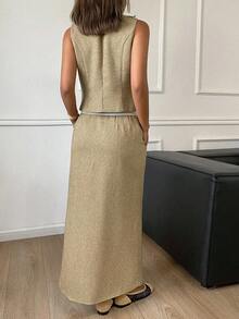 DAZY Conjunto de chaqueta de chaleco ajustada de cuello en V sin mangas y falda recta con abertura en el bajo, para otoño/invierno - Caqui - Ver 2
