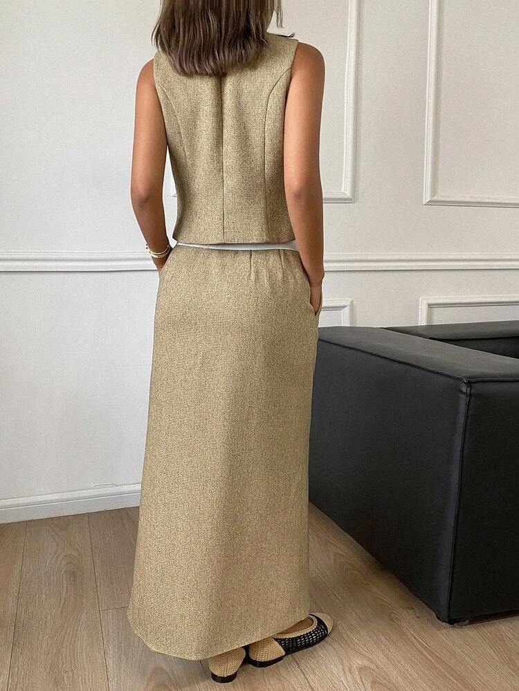 Women's Fitted V-Neck Sleeveless Vest Jacket & Straight Slit Hem Skirt Suit Set, Autumn/Winter