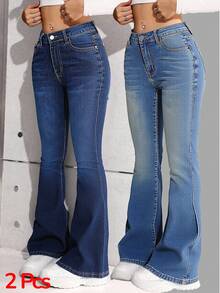 SHEIN Bộ 2 quần jeans ống loe ôm sát, đơn giản và thoải mái màu xanh đậm và xanh nhạt dành cho bé gái tuổi teen, thích hợp mặc đi học, đi lễ hội hoặc ở nhà. - Nhiều màu - Xem 1