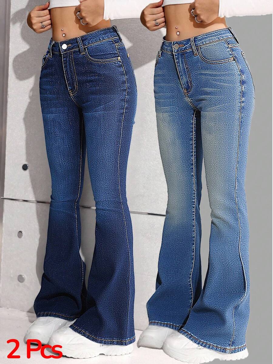 SHEIN Bộ 2 quần jeans ống loe ôm sát, đơn giản và thoải mái màu xanh đậm và xanh nhạt dành cho bé gái tuổi teen, thích hợp mặc đi học, đi lễ hội hoặc ở nhà. - Nhiều màu - Xem 1