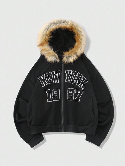 Street Life Men's Street Style American Suede Fleece Fluffy Collar Embroidered Jacket, Fall/Winter