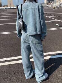 DAZY Women's Textured Fabric Collared Top And Casual Jeans Set, Autumn Y2k - Blue - View 2