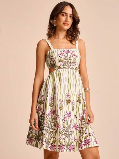  Women's Vacation Green Waves And Floral Prints,Square-Necked Halter-Neck Fitted A-Line Short Dress,Casual Dresses For Women,Elegant Dresses For Women,Short Dresses,Dress For Women,Farm Dress,Mini Dress,Cajuni Dress,Dresses For Ladies Summer
