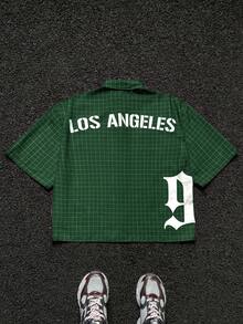 AXEPEAK 男士宽松英文字母和格子印花短袖绿色梭织衬衫，校园，街头风格 - 綠色 - 查看 2