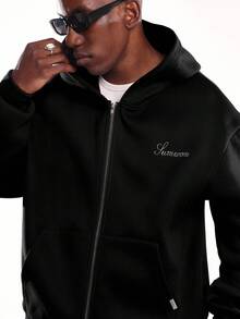 SUMWON Zip Up Hoodie With Embroidered Script Logo Plain - Black - View 2