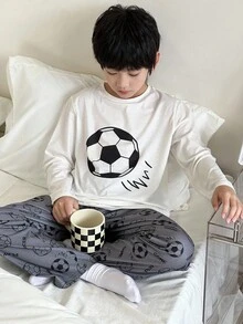 SHEIN 2pcs/Set Kids/Tween Boys Casual Soccer Graphic Round Neck Long Sleeve Top And Pants Loungewear Pajama Set Fall Winter - Grey - View 2
