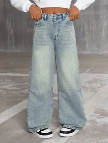 SHEIN Sparklyn Jeans anchos de pierna recta con diseño de pespunte de contraste amarillo y lavado azul, de ajuste holgado, para niñas. Adecuados para salidas casuales y uso al aire libre en primavera, otoño e invierno