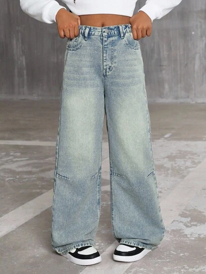 SHEIN Sparklyn Quần jean ống đứng ống rộng màu xanh dương giặt thiết kế đường khâu tương phản màu vàng thời trang dành cho bé gái, phù hợp cho các buổi đi chơi thường ngày vào mùa xuân, mùa thu, mùa đông và mặc ngoài trời