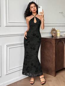 EastFlair Women's Floral Print Hollow Design Mermaid Hem Fitted Elegant Dress Halter Neck Elegant Dress  Dress For Wedding Guest   , Wedding Guest Dress Elegant  Wedding Guest Dress Women   Fall Clothes For Women  Christmas Women's Clothing Black Elegant Dress Women Elegant Midi Dress - Black - View 2