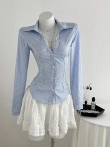 Elamini 1 件女式条纹 V 领长袖衬衫，简约学院风，适合秋冬季办公室、通勤、休闲穿着 - 藍白色 - 查看 6