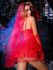 SHEIN 4件套女式性感泡泡袖吊带连衣裙万圣节服装套装 - 紅色 - 查看 2