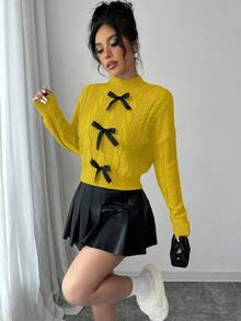Elenzga French Bow Knot Soft & Fluffy Cable Knit Sweet Women Long Sleeve Pullover Sweater, Winter - Yellow - View 6