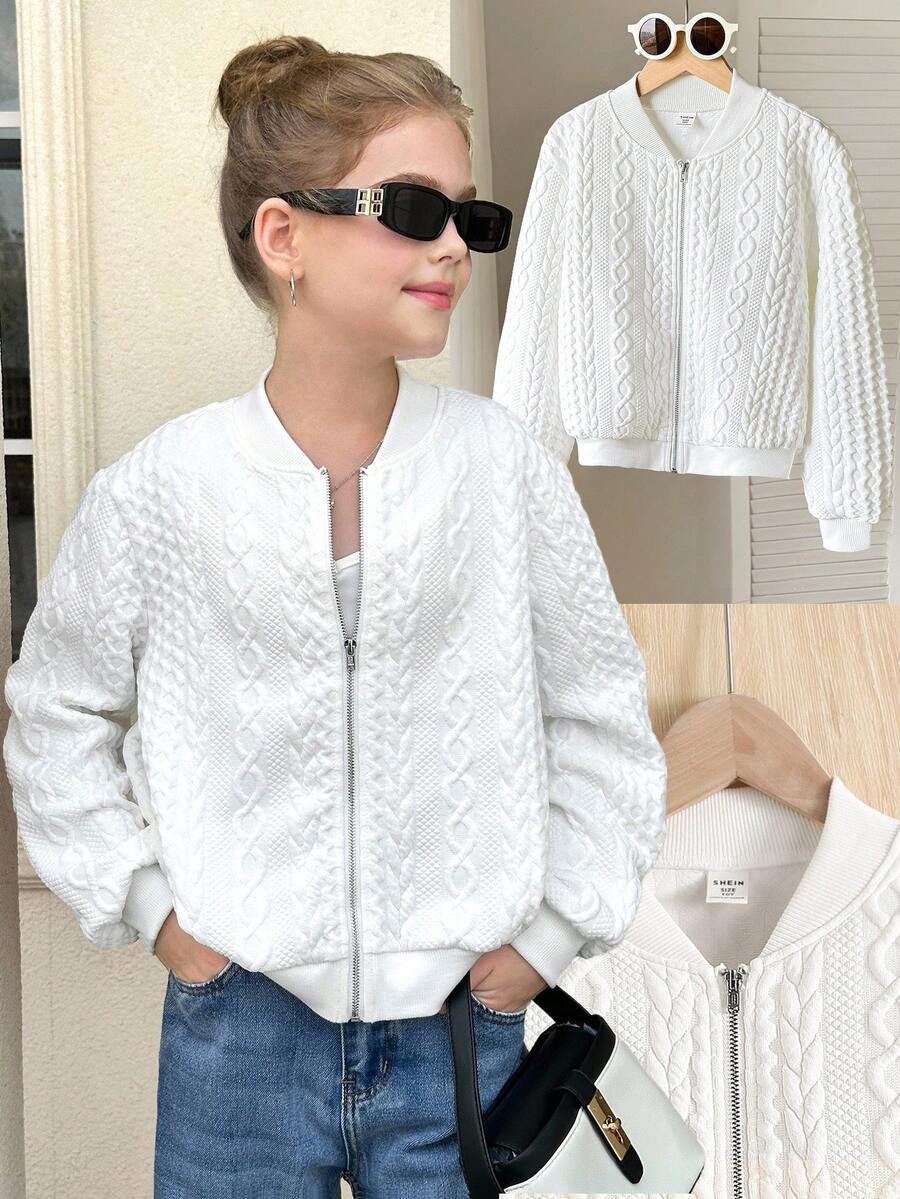 SHEIN 秋冬款青少年女孩休闲时尚麻花针织提花圆领拉链棒球夹克外套