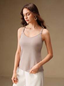 Anewsta 女士百搭浅卡其色固定罩杯加厚高弹力吊带背心，哺乳吊带背心 - 卡其色 - 查看 7