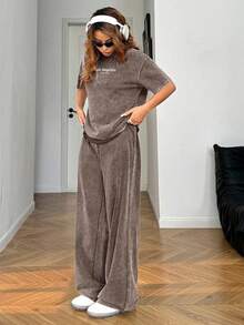 SHEIN EZwear Women Washed Brown T-Shirt & Pants 2 Pieces Casual Suit