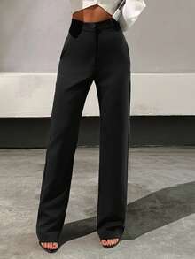 EURMUSE 优雅的超高腰双层面料西装裤，时尚直筒剪裁，宽腿廓形，隐藏式侧袋 - 别致精致的定制裤子，打造精致专业的外观 - 无缝设计，隐藏式前开合，打造时尚外观 - 永恒的黑色正装，适合办公室、商务和权力着装 - 黑色 - 查看 6