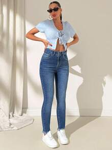 EURMUSE Quần jean denim cạp cao ôm gấu gấp - Rửa trung bình - Xem 4