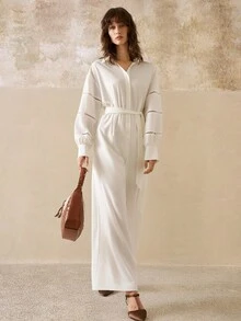 Cévolie 女装春秋新款波西米亚碎花拼接灯笼袖衬衫领阔腿宽松连体裤 - 白色 - 查看 3