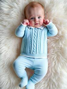 SHEIN Baby/Toddler Cute, Stylish British Style Versatile Autumn/Winter Sweater Top + Sweater Pants Knitted Suit Set, For Outings And Travel Fall - Baby Blue - View 3