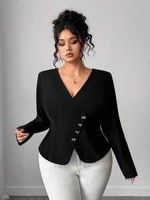 Elenzga Plus Size Women's Butterfly Decor Button Oblique Zipper Jacket Fall Winter Cloth For Women Autumn - Black - View 4
