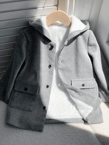 SHEIN 年轻男孩灰色保暖内衬休闲舒适百搭纯色加厚连帽夹克，适合冬季，学院风，英伦绅士复古 - 灰色 - 查看 11