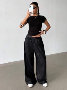 SHEIN Teen Girls' Loose Fit Sparkly Sequin Black Pants, Stylish Design For Casual Everyday Wear, Suitable For Any Occasion Black Wide Leg Pants Y2k Sequin Pants Wide Leg Sequin Pants Sequin Pants Black Sequin Pants Fall Winter