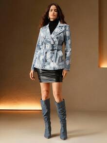 Anewsta 时尚现代 PU 贴片印花仿牛仔女式夹克，适合秋季、冬季、外出、优雅、正式、派对、别致、新年、女式冬季外套、圣诞节、工作 - 藍色 - 查看 7