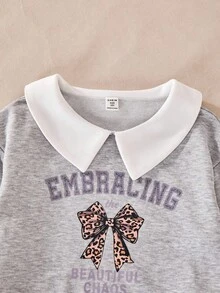 SHEIN Explorewe 2 件女童时尚休闲长袖可爱公主领蝴蝶结印花运动衫，柔软面料上衣和百搭褶皱格子裙，适合圣诞节、万圣节、秋季 - 灰色 - 查看 3