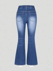 青少年女孩 Y2K 风格牛仔裤，做旧蓝色水洗，弹性紧身喇叭腿休闲裤，适合日常穿着 - 中等水洗藍 - 查看 2