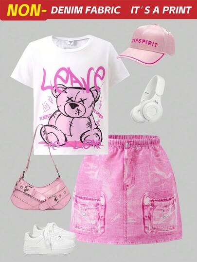 2件套年轻女孩服装：圆领短袖T恤，带有街头风格字母和泰迪熊图案，搭配粉色短裙。2025年返校季儿童学院风服装和校园运动装