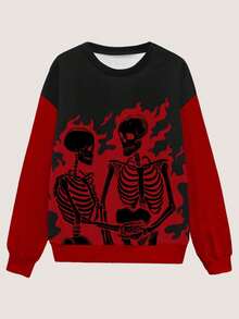 Bat Sada Halloween Women's Loose Fit Contrast Color Pullover Hoodie, American Dark Style Skull Y2K Hip Hop Graphic Print Halloween Sweatshirts Skeleton Sweatshirt Graphic Sweatshirt Flaming Skeleton Sweatshirt Skull Sweatshirt Gothic Sweatshirt Flames Sweatshirt - Red - View 4