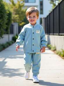 Young Boy Casual Letter Patch Button-Up Jacket And Pants Set, Autumn Fall Winter - Blue - View 3