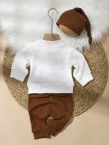 SHEIN HELLO Letter Embroidered Newborn Photography Outfit, Baby Boy/Girl Top, Pants, Hat 3pcs Set, Infant 1 Month To 100 Days Studio Photo Prop Clothing Fall Winter