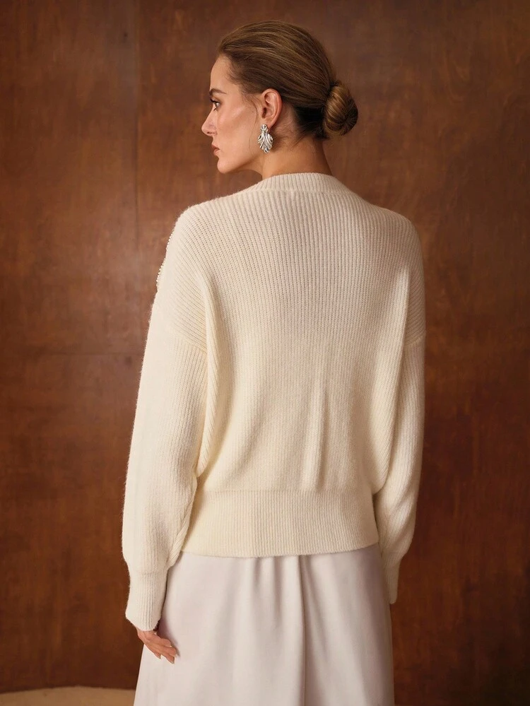 WOMEN'S V-NECK LONG SLEEVE BEADED KNIT CARDIGAN, AUTUMN/WINTER