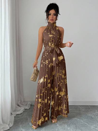 Lyxana Halloween Outfit Sleeveless Ruffle Collar Elegant Romantic Precision Women's Wide Leg Jumpsuit