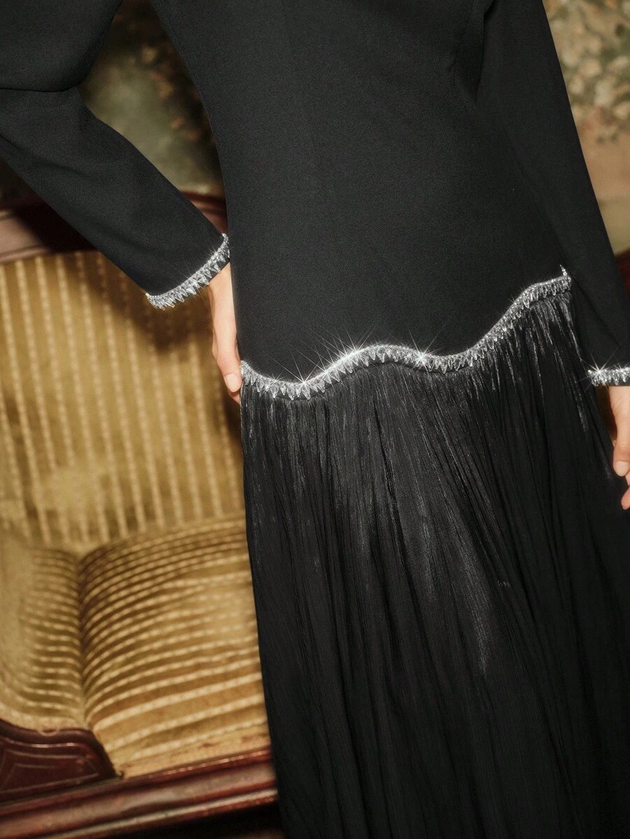 Anewsta Women's Long Dress With Rhinestone Chain And Hem Patchwork Design, Elegant And Fashionable - Black - View 1