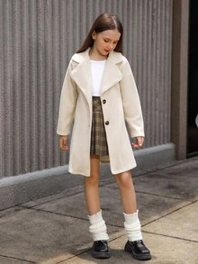 女童优雅法式翻领单排扣泰迪熊仿皮草长袖中长外套 - 米色 - 查看 6