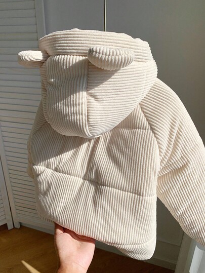 SHEIN Kurtka z kapturem dla małych dzieci, z długim rękawem i uroczym wzorem uszu 3D, pluszowy polar, jesienno-zimowa odzież dla dziewczynek