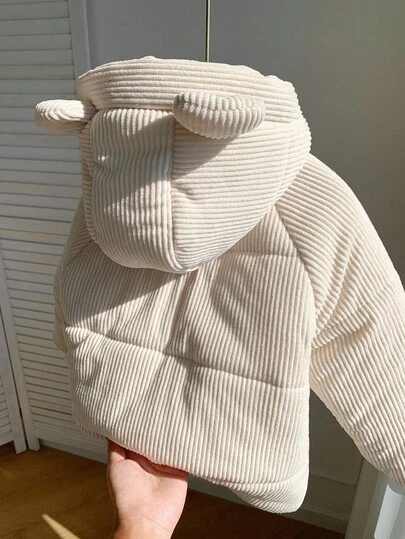 SHEIN Toddler Casual Long Sleeve Hooded Jacket With Cute 3D Ear Design, Plush Fleece Fabric Autumn Winter Clothes ForGirln