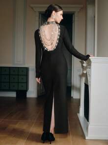 Anewsta Women's Elegant Handmade Rhinestone Chain Backless Dress - Black - View 2